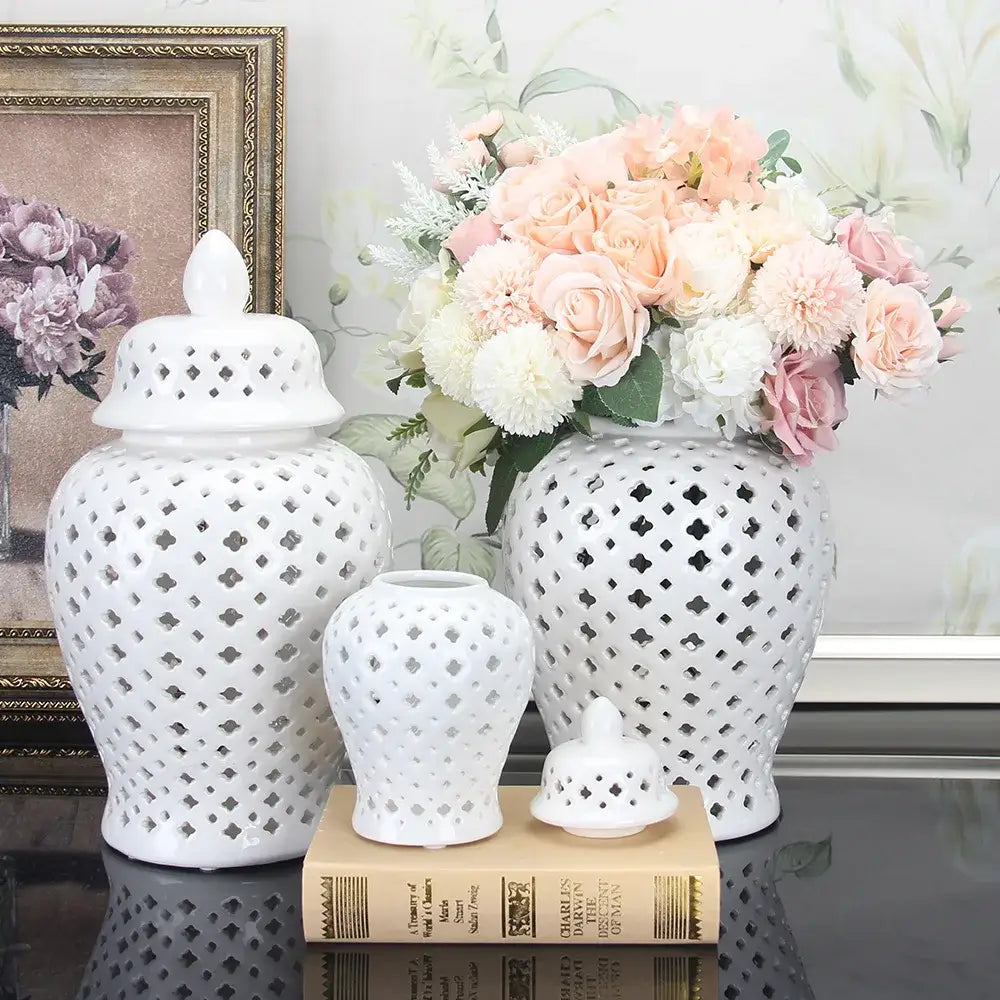 Golden ceramic ginger jar with cutouts living room decor storage pot