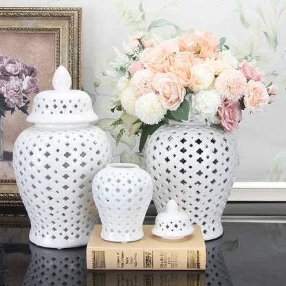 Golden ceramic ginger jar with cutouts living room decor storage pot
