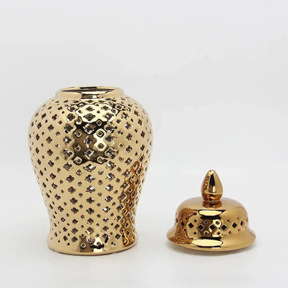 Golden ceramic ginger jar with cutouts living room decor storage pot