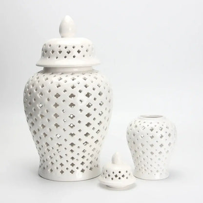 Golden ceramic ginger jar with cutouts living room decor storage pot