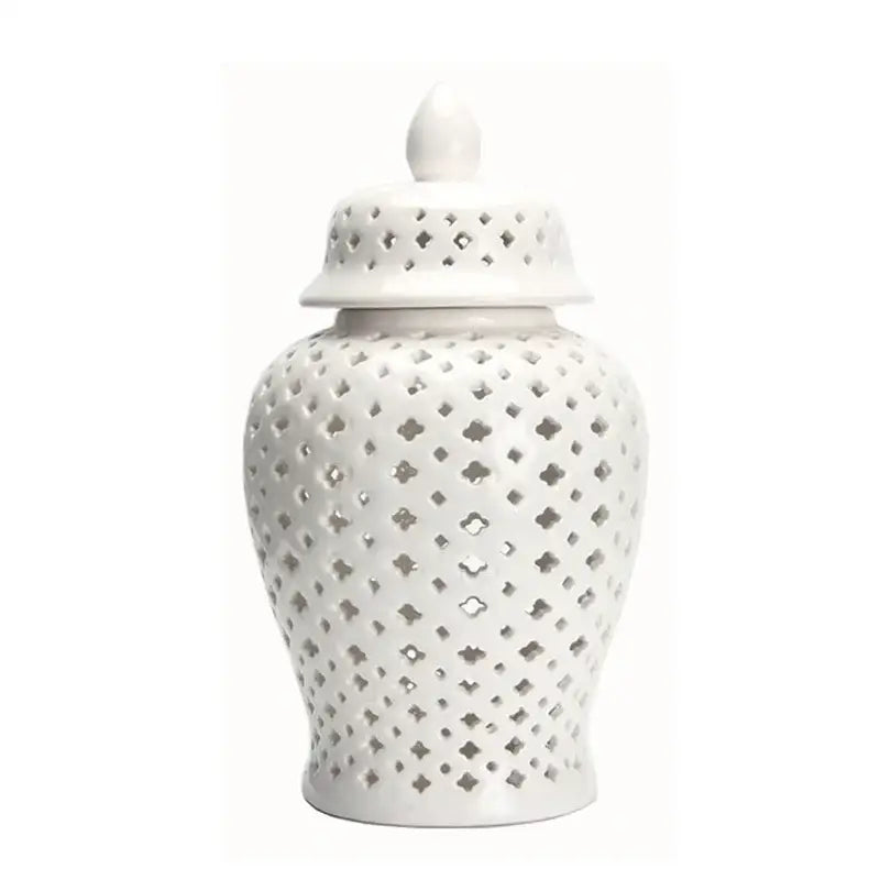Golden ceramic ginger jar with cutouts living room decor storage pot