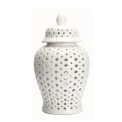 Golden ceramic ginger jar with cutouts living room decor storage pot