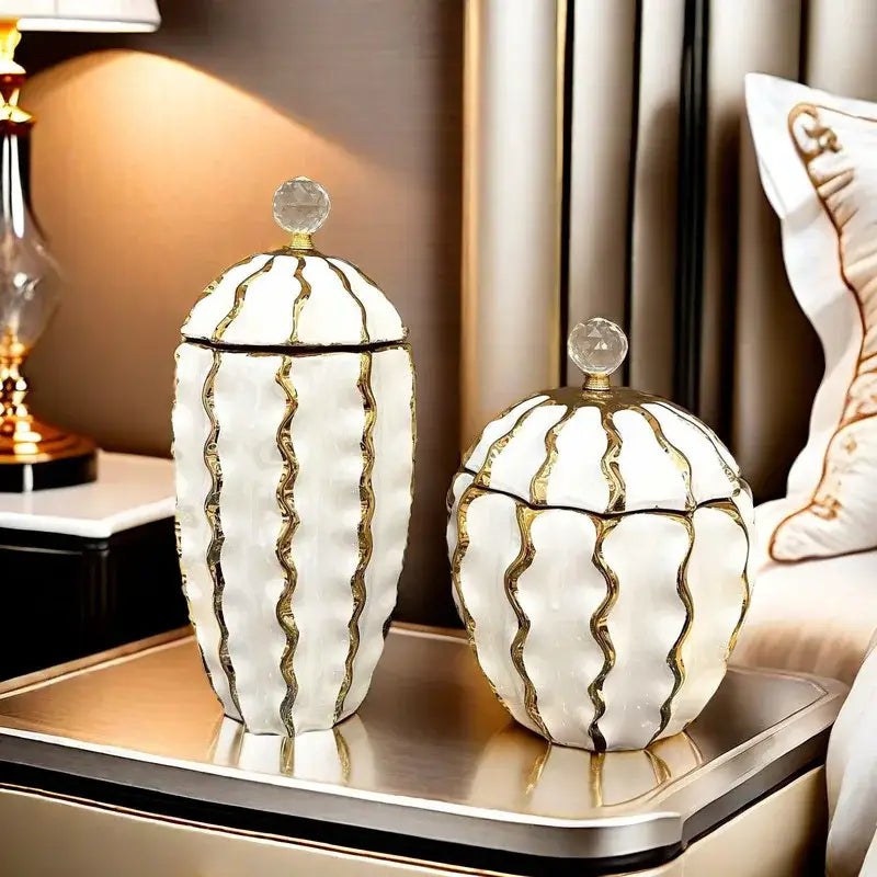 Golden checkmate ceramic white and gold decorative jar living room