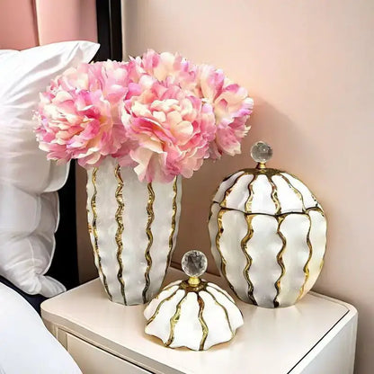 Golden checkmate ceramic white and gold decorative jar living room