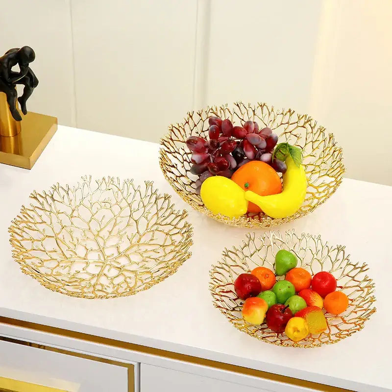 Golden coral shapes metal tray dining room fruit bowl