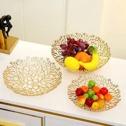 Golden coral shapes metal tray dining room fruit bowl