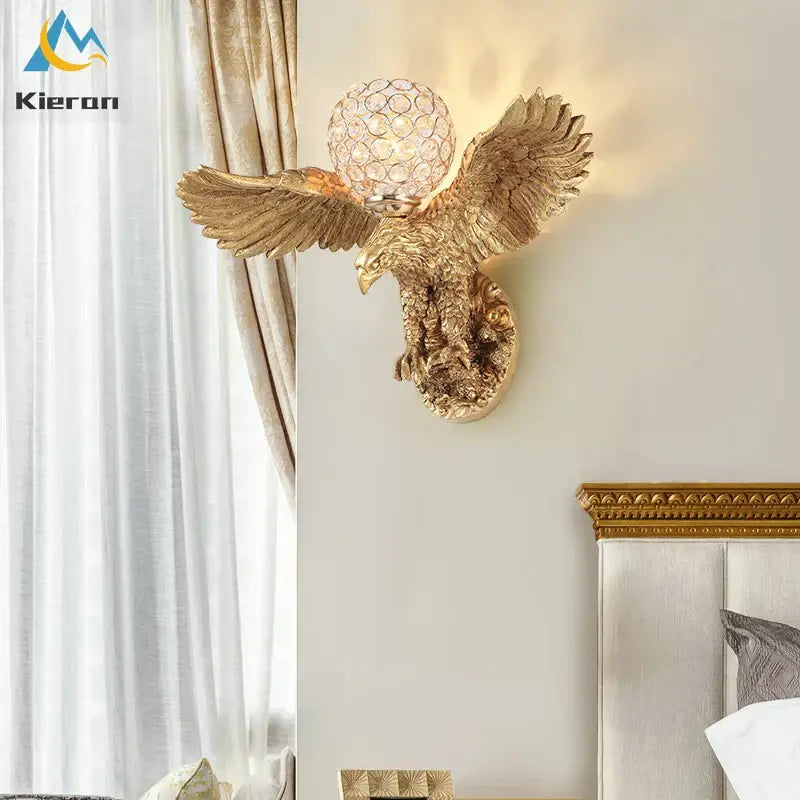 Golden crystal eagle wall lamp for living room