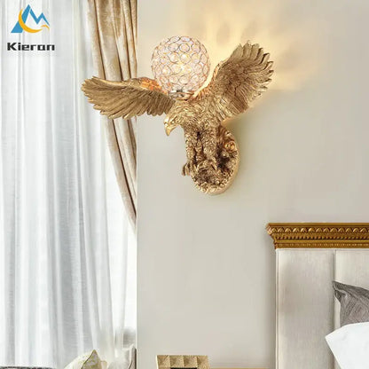 Golden crystal eagle wall lamp for living room