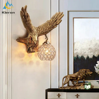 Golden crystal eagle wall lamp for living room