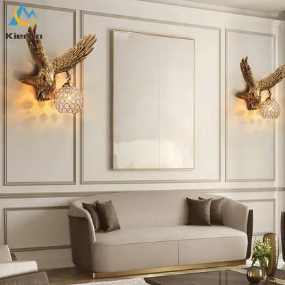 Golden crystal eagle wall lamp for living room