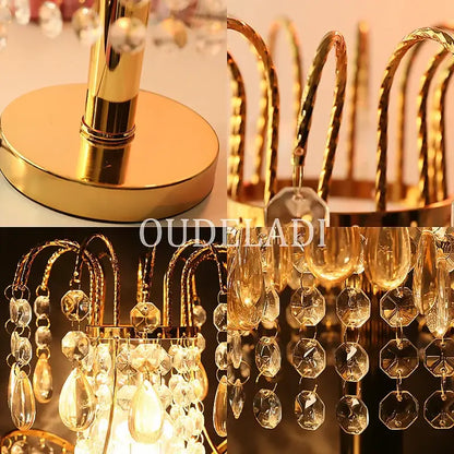 Golden crystal table lamp with teardrop accents for bedroom decor