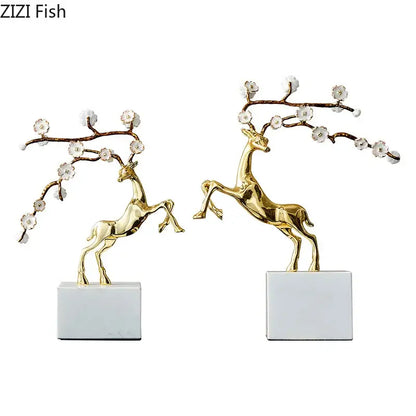 Golden deer antlers statue with white blossoms living room decor