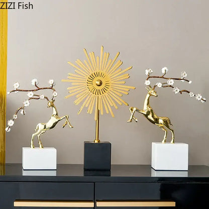 Golden deer antlers statue with white blossoms living room decor