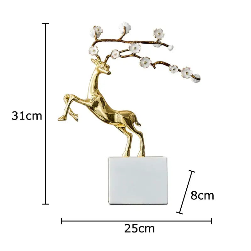Golden deer antlers statue with white blossoms living room decor