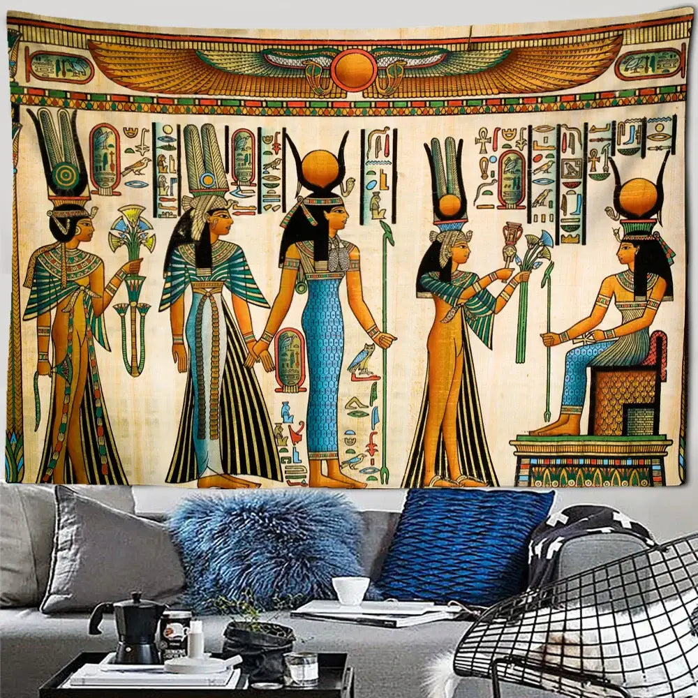 Golden egyptian pharaoh tapestry hieroglyphic wall art bedroom decor