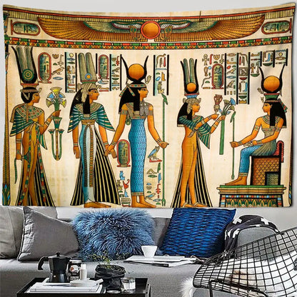 Golden egyptian pharaoh tapestry hieroglyphic wall art bedroom decor