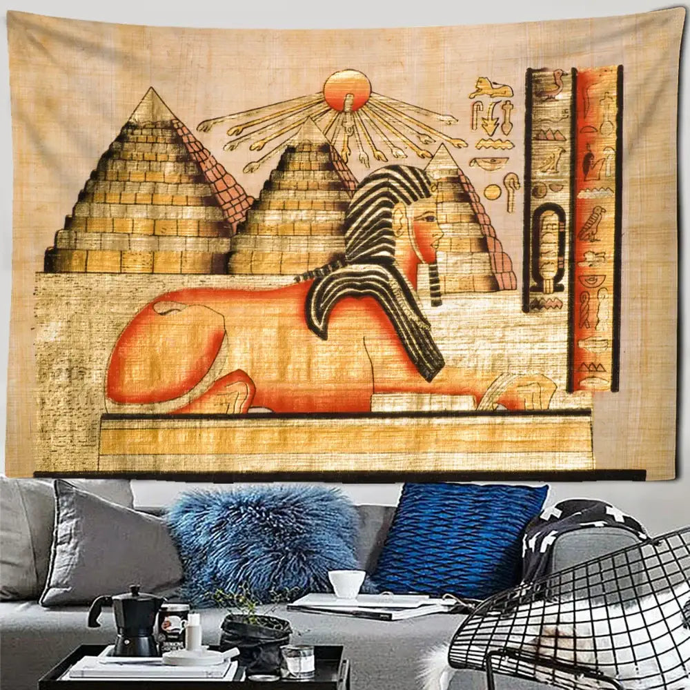 Golden egyptian pharaoh tapestry hieroglyphic wall art bedroom decor