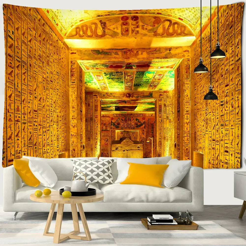 Golden egyptian pharaoh tapestry hieroglyphic wall art bedroom decor