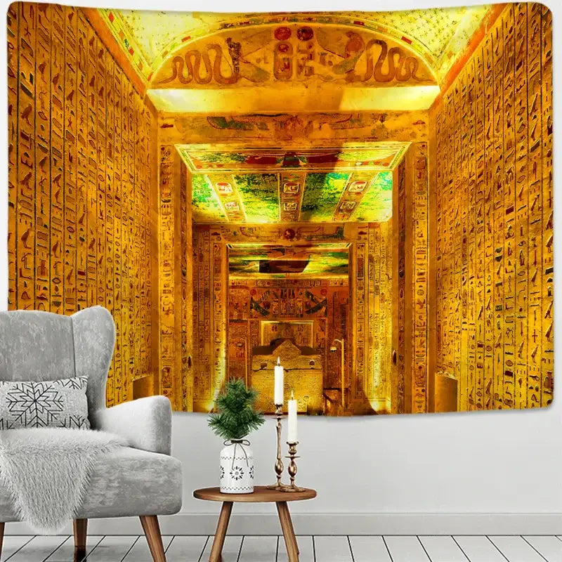 Golden egyptian pharaoh tapestry hieroglyphic wall art bedroom decor