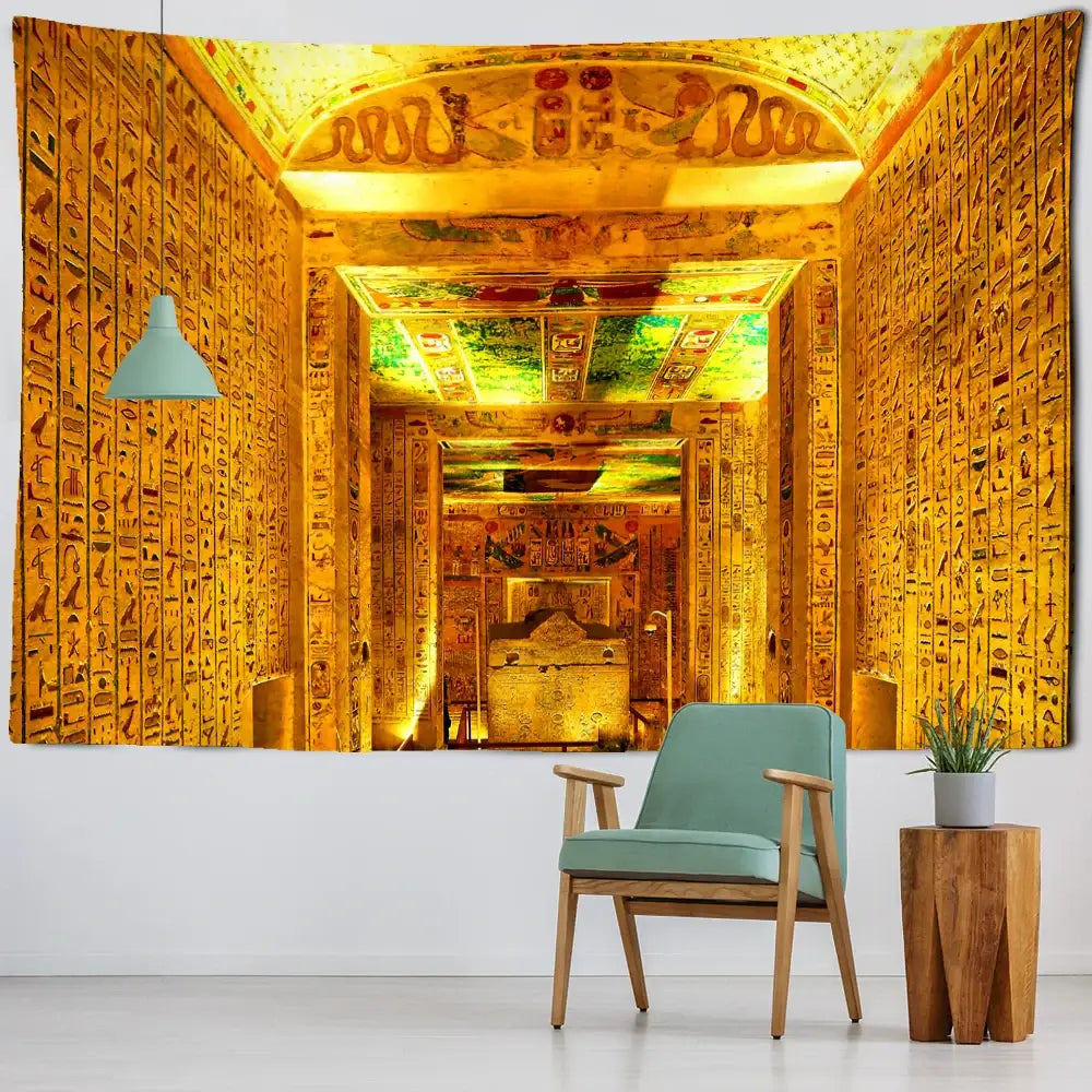 Golden egyptian pharaoh tapestry hieroglyphic wall art bedroom decor
