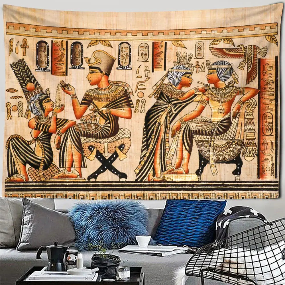 Golden egyptian pharaoh tapestry hieroglyphic wall art bedroom decor