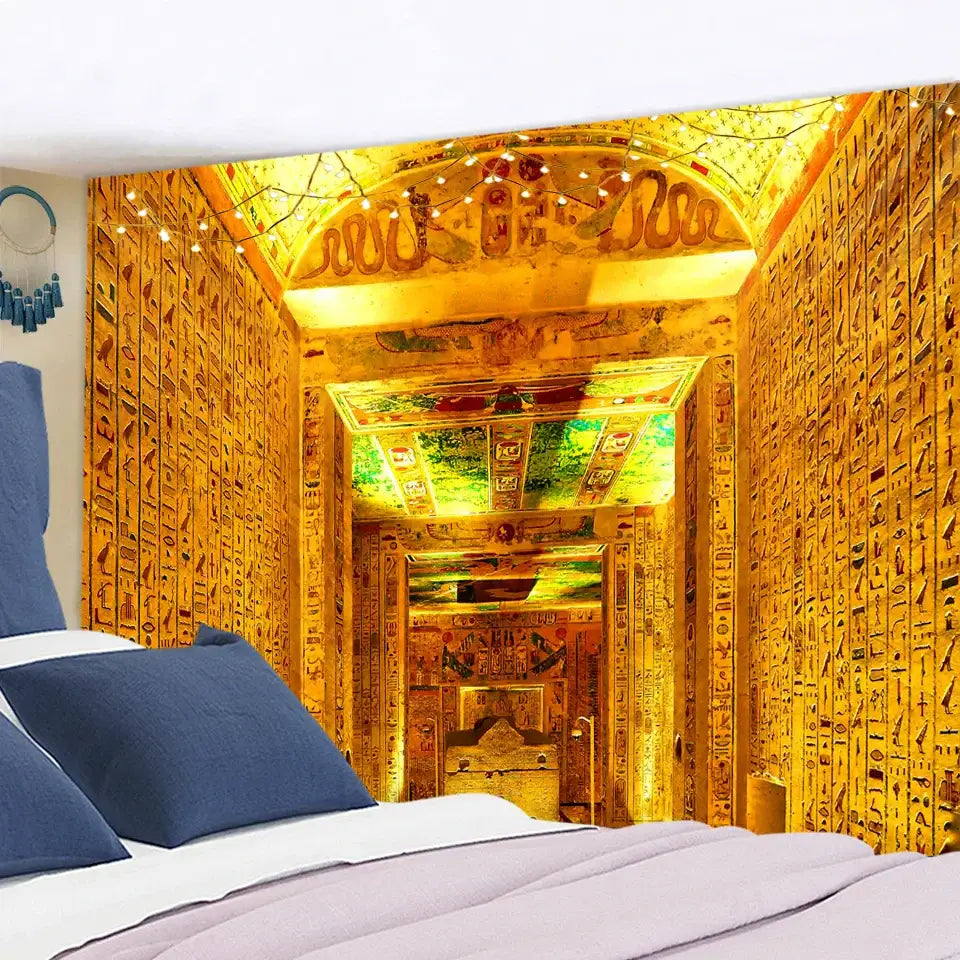 Golden egyptian pharaoh tapestry hieroglyphic wall art bedroom decor