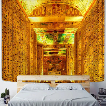 Golden egyptian pharaoh tapestry hieroglyphic wall art bedroom decor