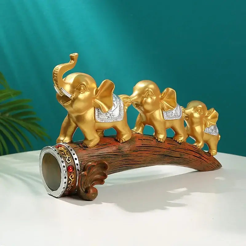 Golden elephant resin ornament living room figurine on log base