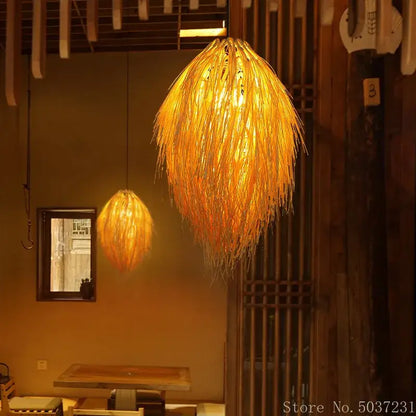 Golden feathery bamboo weave pendant lamp for bedroom