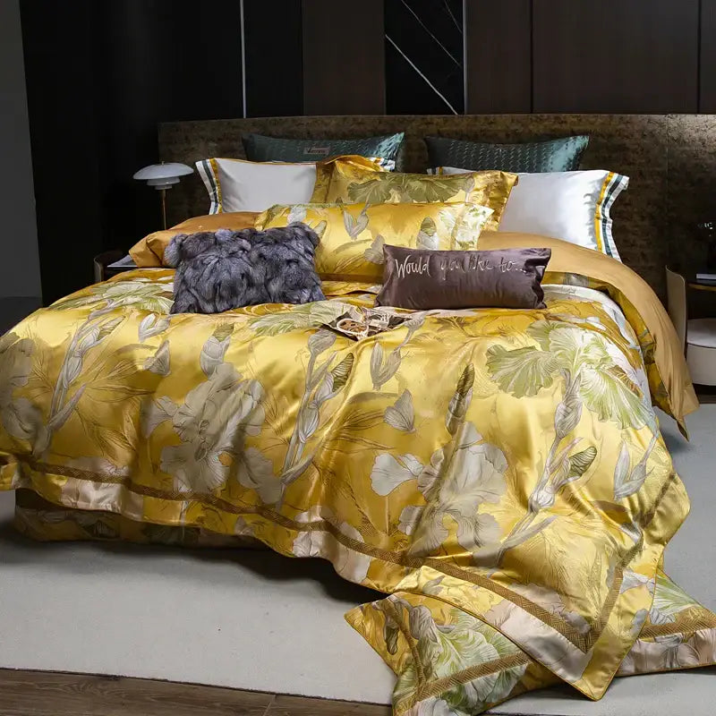 Golden floral satin jacquard bedding set bedroom duvet cover