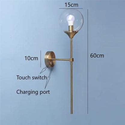 Golden glass ball led wall light bedroom brass sconce