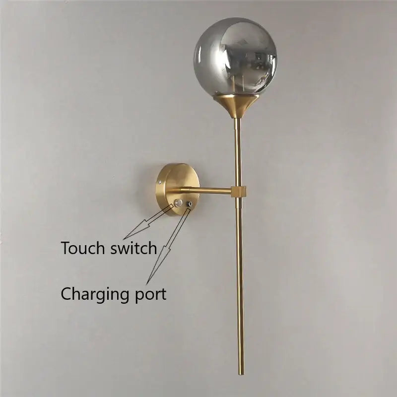 Golden glass ball led wall light bedroom brass sconce
