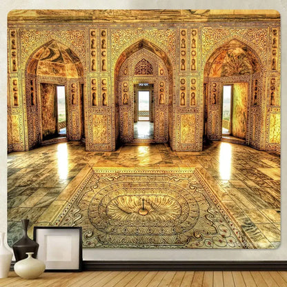Golden hall psychedelic tapestry yellow & red living room wall art
