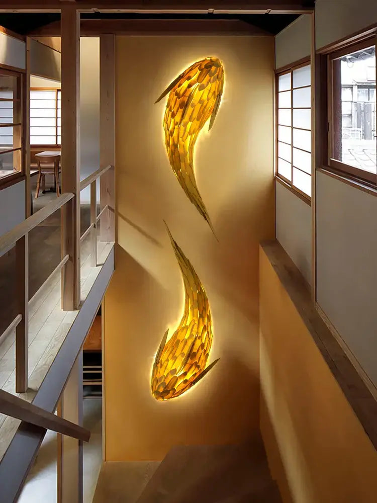 Golden handwoven bamboo led fish wall light living room decor