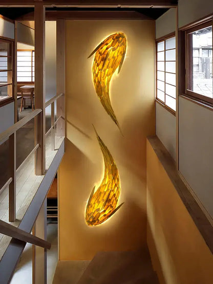 Golden handwoven bamboo led fish wall light living room decor