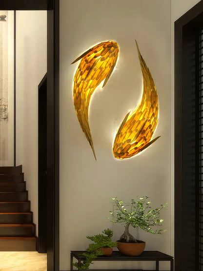 Golden handwoven bamboo led fish wall light living room decor