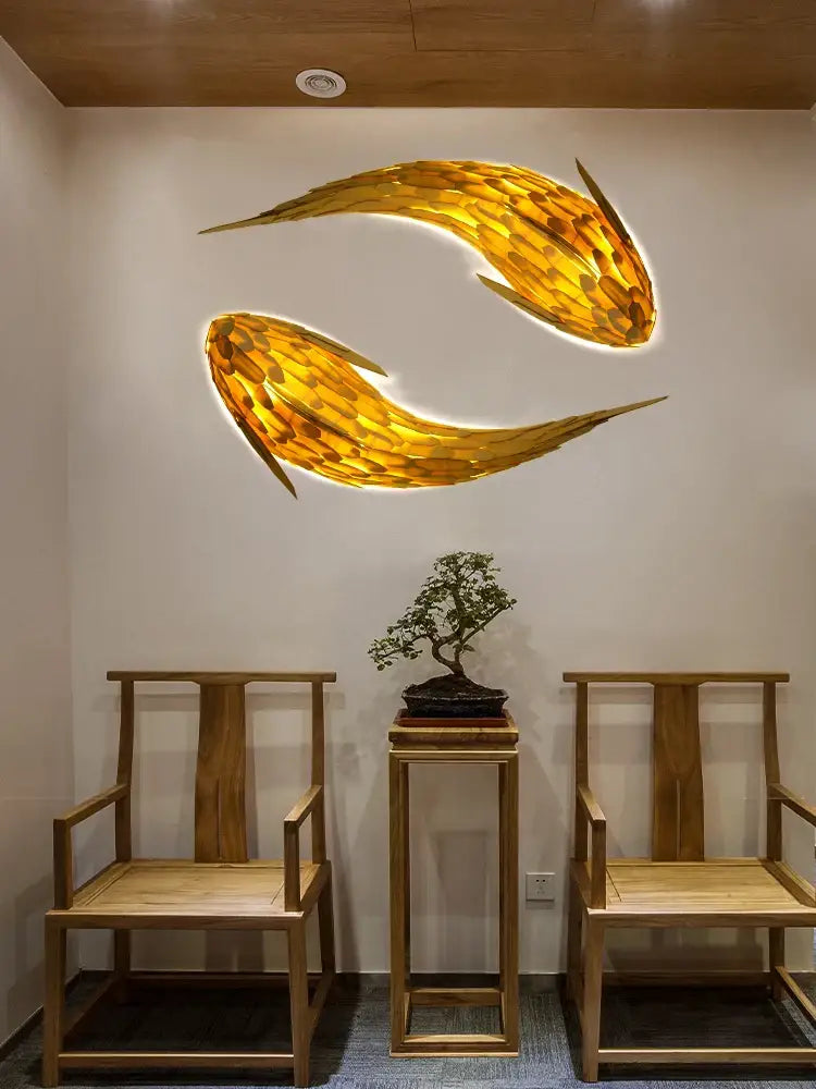 Golden handwoven bamboo led fish wall light living room decor