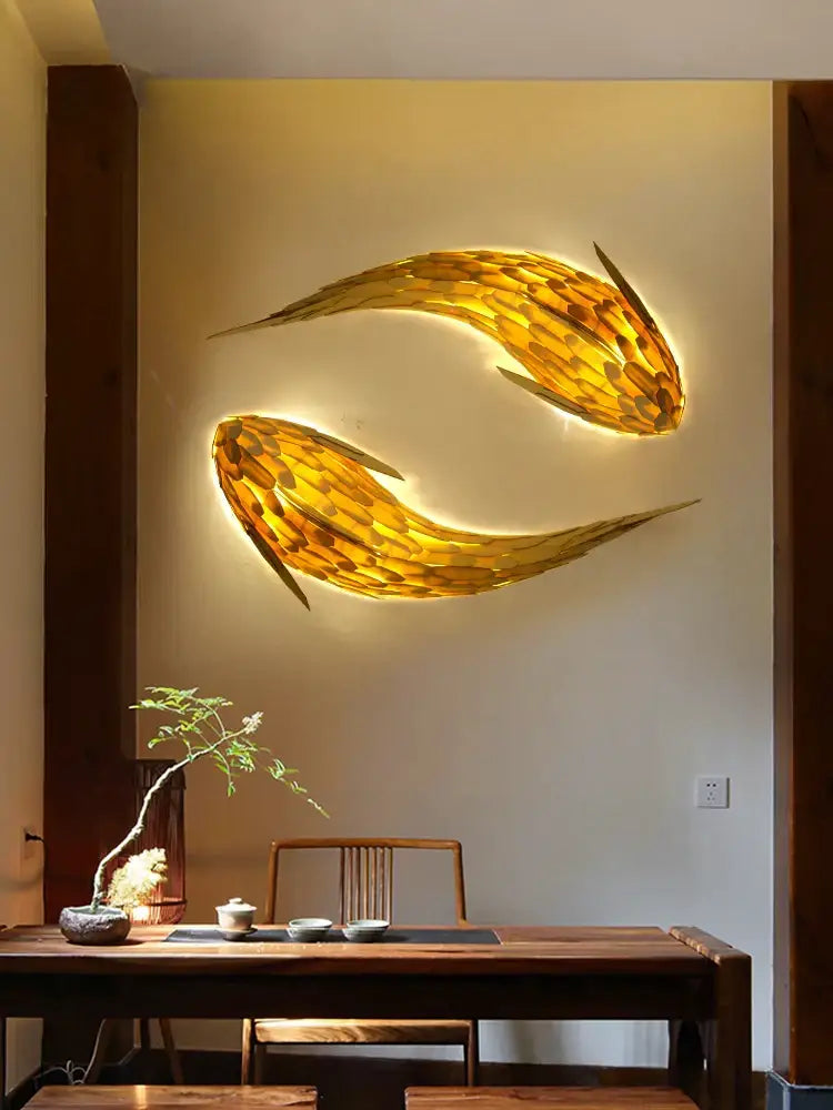 Golden handwoven bamboo led fish wall light living room decor