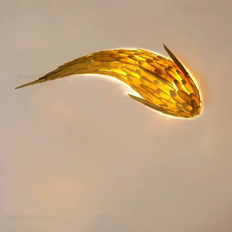 Golden handwoven bamboo led fish wall light living room decor