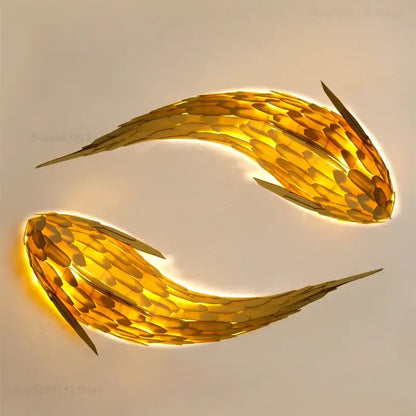 Golden handwoven bamboo led fish wall light living room decor