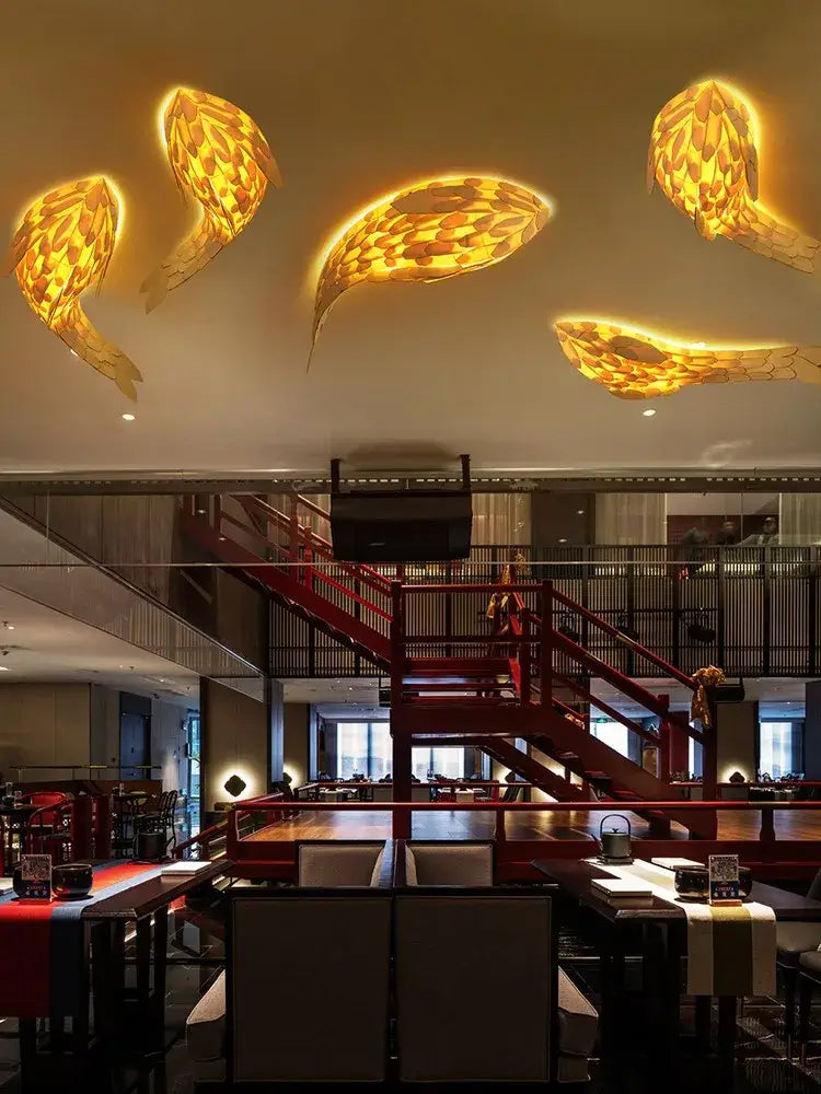 Golden handwoven bamboo led fish wall light living room decor