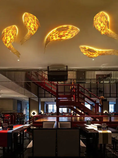 Golden handwoven bamboo led fish wall light living room decor