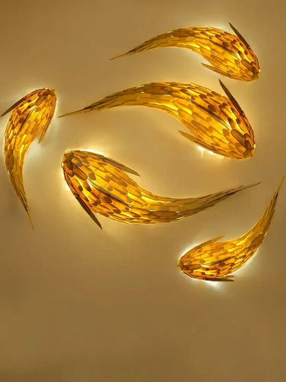 Golden handwoven bamboo led fish wall light living room decor