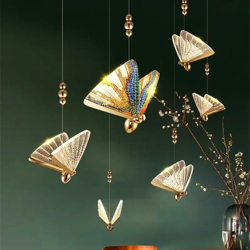 Golden iridescent crystal butterfly pendant lamp bedroom lighting