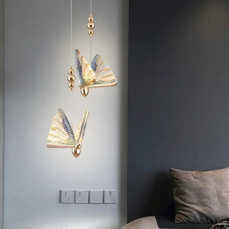 Golden iridescent crystal butterfly pendant lamp bedroom lighting
