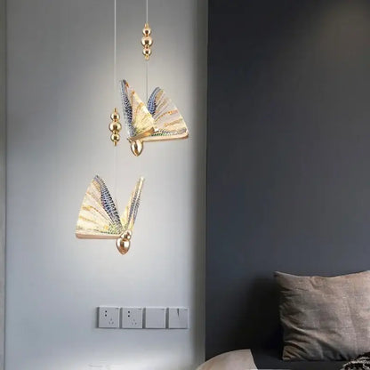 Golden iridescent crystal butterfly pendant lamp bedroom lighting
