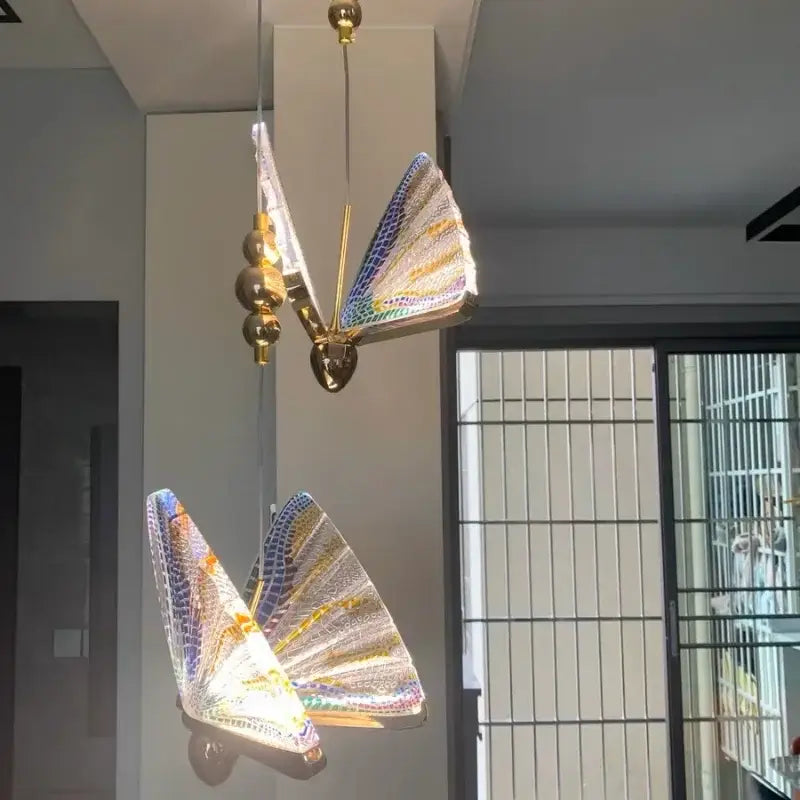 Golden iridescent crystal butterfly pendant lamp bedroom lighting