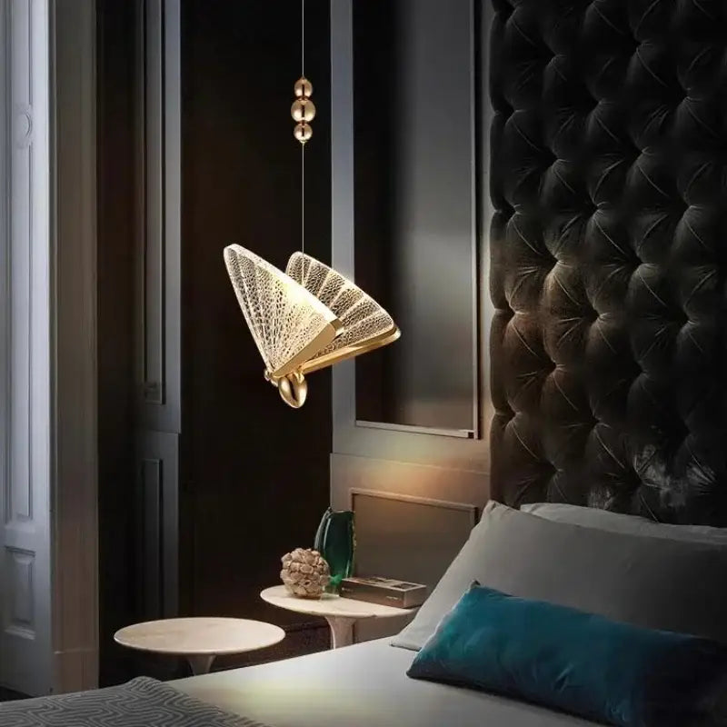 Golden iridescent crystal butterfly pendant lamp bedroom lighting