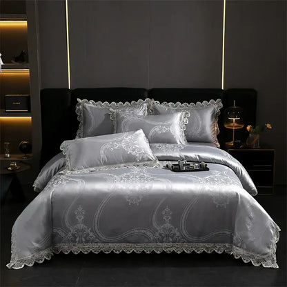 Golden jacquard cotton bedding set bedroom lace floral duvet cover
