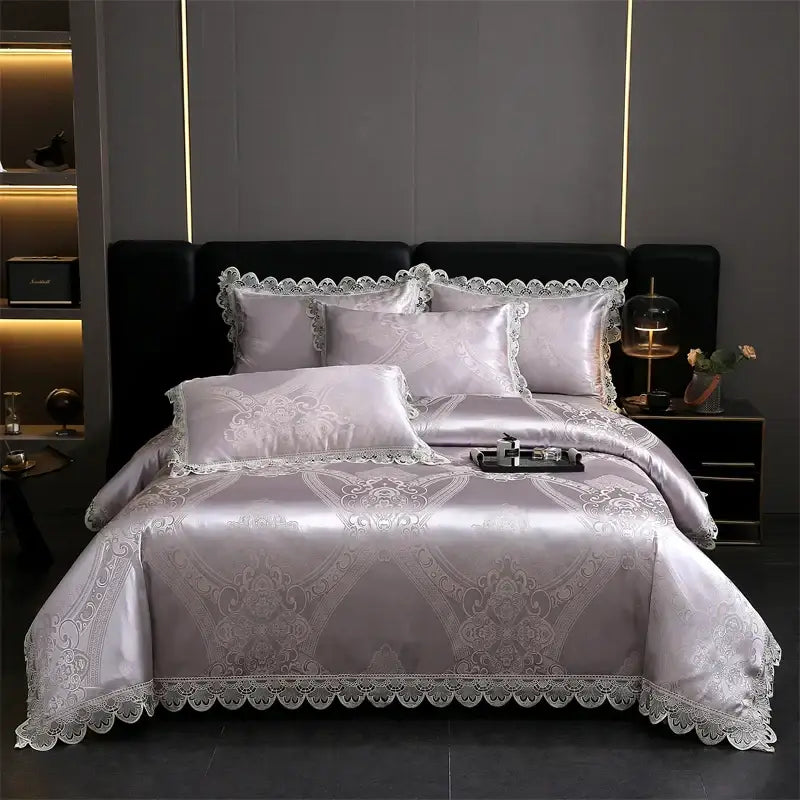 Golden jacquard cotton bedding set bedroom lace floral duvet cover